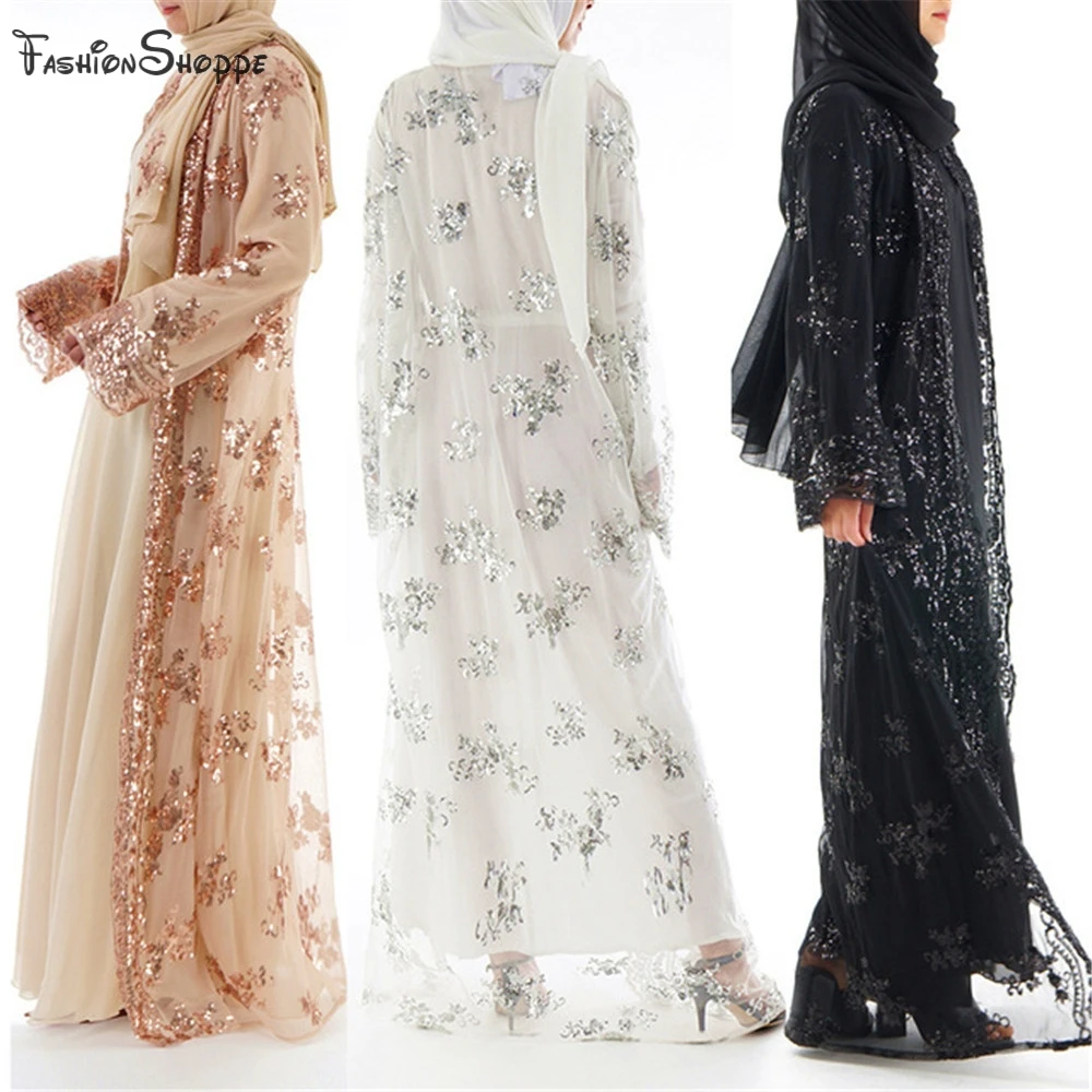 Женское кимоно с блестками Abaya белое кружевное вышивкой в стиле Рамадан турецком
