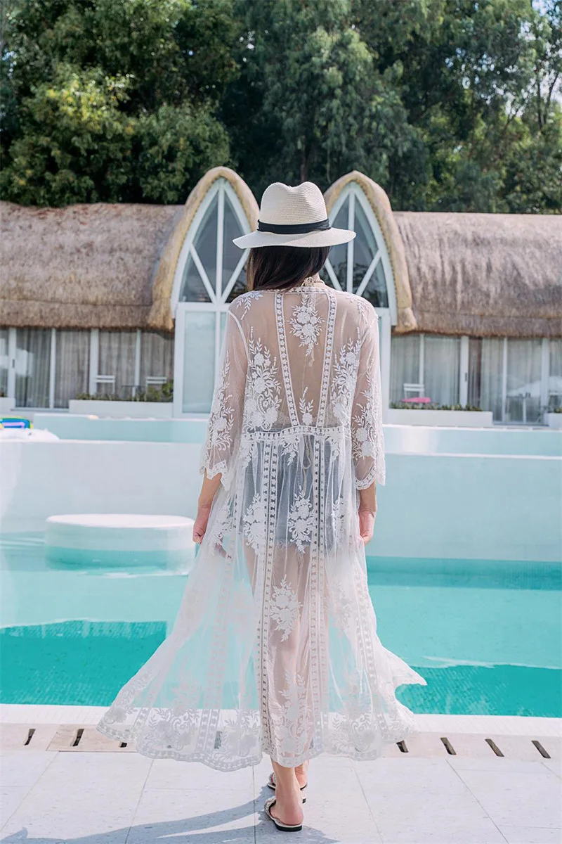 Fitshinling Boho Летний Пляжный кружевной прозрачный сексуальный купальник кимоно праздничный белый длинный кардиган бикини внешняя крышка