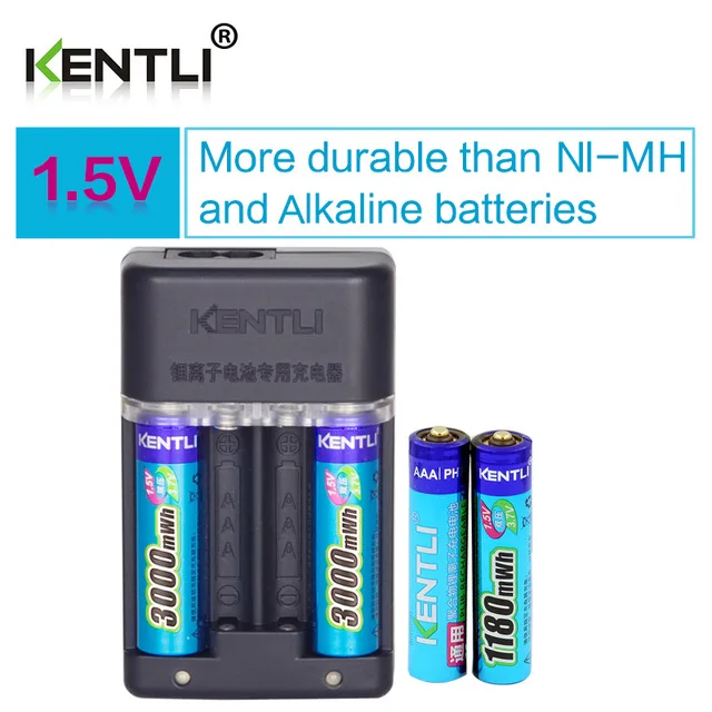 

KENTLI 1.5v 2pcs 3000mWh AA 2pcs 1180mWh AAA rechargeable li-ion polymer lithium battery + Intelligent Fast Charger