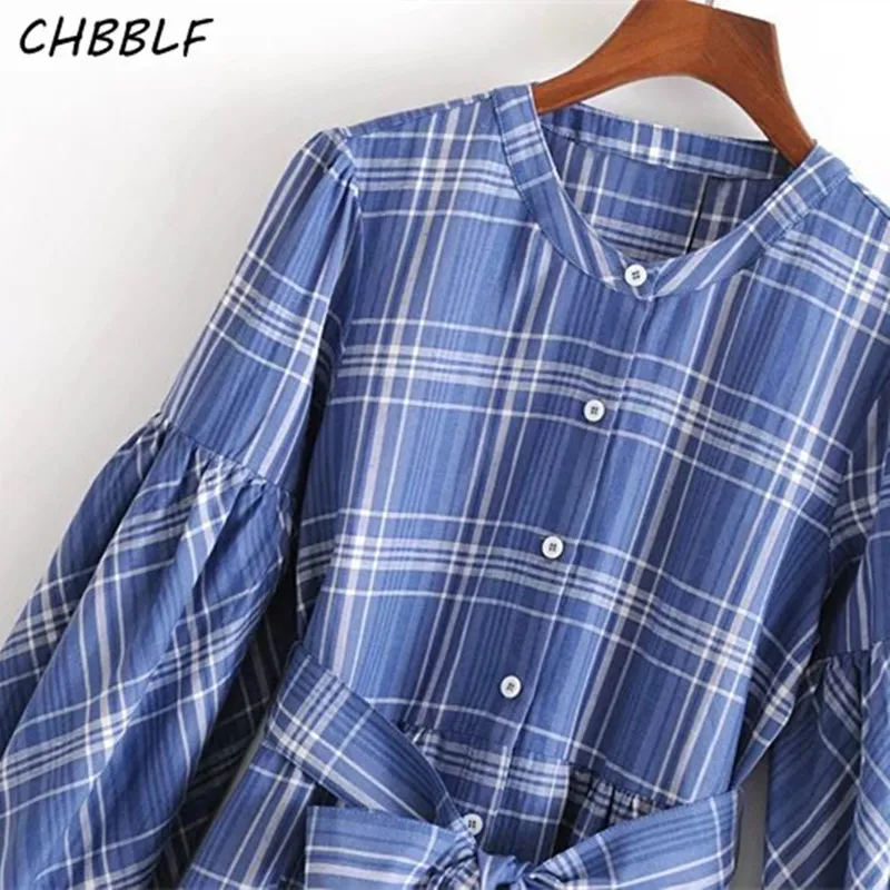 New spring dress long sleeve belt decorative blue plaid Vestido Retro HJH1387 | Женская одежда