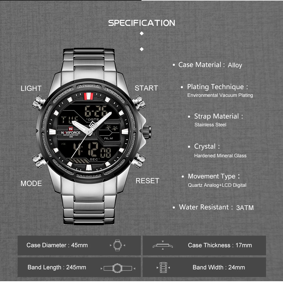 NAVIFORCE Роскошные Мужские Аналоговые Кварцевые спортивные часы Модные Военные уличные водонепроницаемые Chrono EL с подсветкой цифровые наручные часы 9138