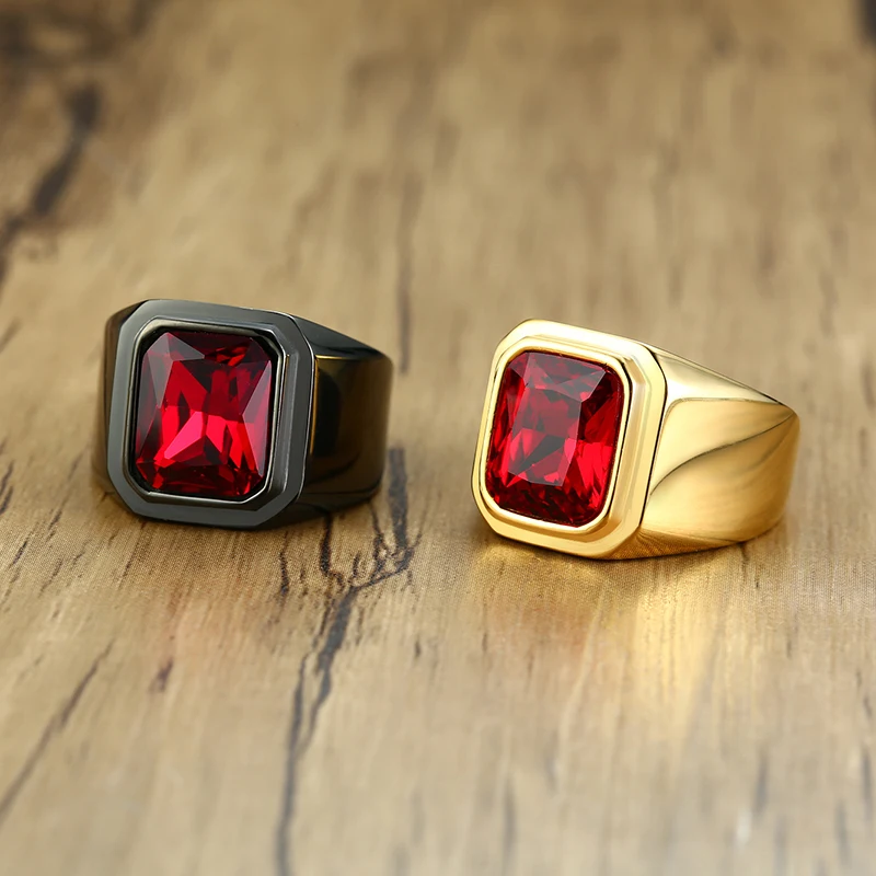 Vantage Black Stainless Steel Men's Signet Ring Square Red Zircon Stone Party Brands Fashion Male Classic Jewelry