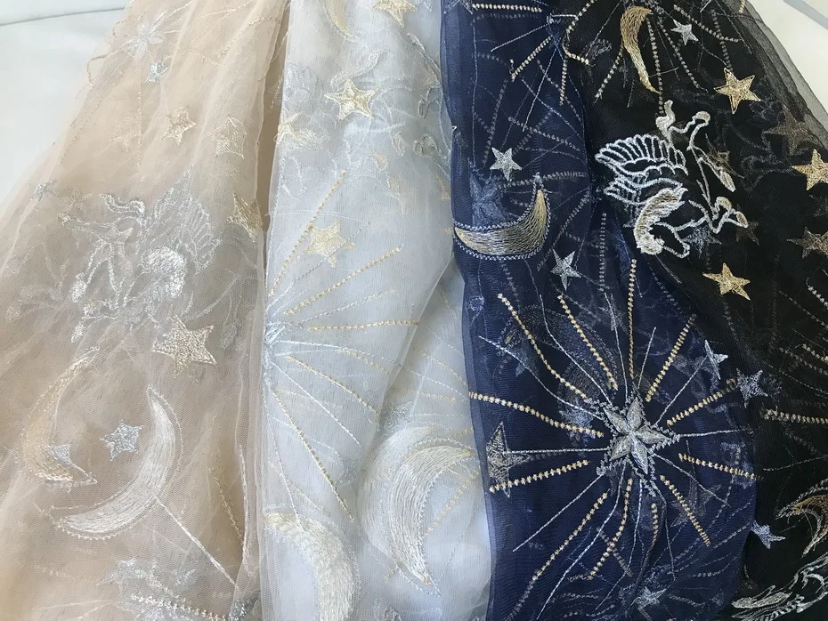 120cm Wide 3 Yards Star Horse Moon With Gold Silver Thread Mesh African Lace Fabric In Navy Blue/Champagne For Bridal Gowns | Дом и сад