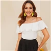 SHEIN элегантный белый Волан с открытыми плечами Приталенный топ Однотонная футболка женская летняя без рукавов основы тонкая футболка Топы