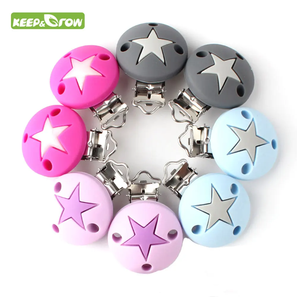 KEEP&GROW 60Pcs Stars Round Silicone Holders Pacifier Chain Clips For Necklace Nursing Teether Clip DIY Making Accessories Clasp