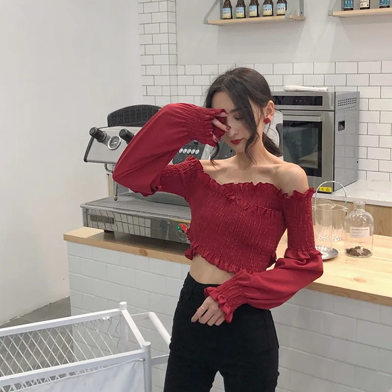 Женские осенние Blusas 2018 сексуальные с открытыми плечами черные хлопковые оборки
