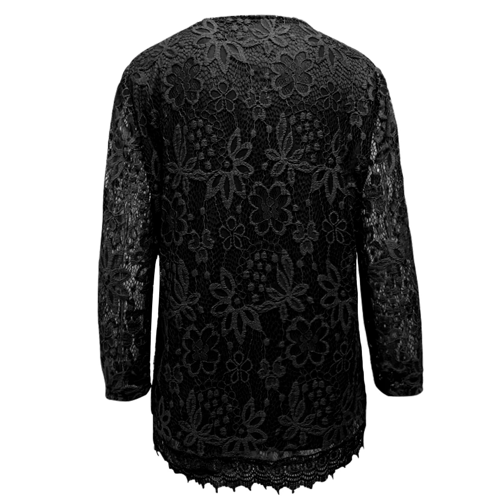 Womens Plus Size Elegant Long Sleeve Floral Lace Black Color T Shirt Women Ladies Tee Shirts 6XL 7XL 8XL H009