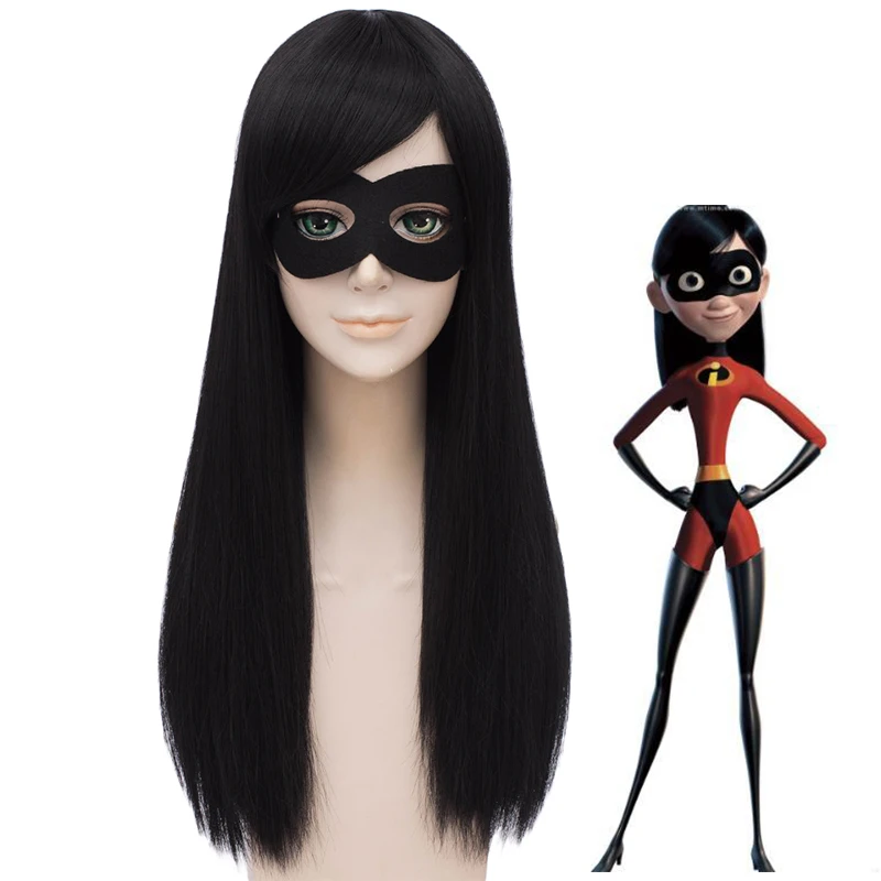 New 60cm Black Violet Parr Cosplay Wigs Halloween Costume Synthetic Party Wigs for Incredibles + Wig Cap