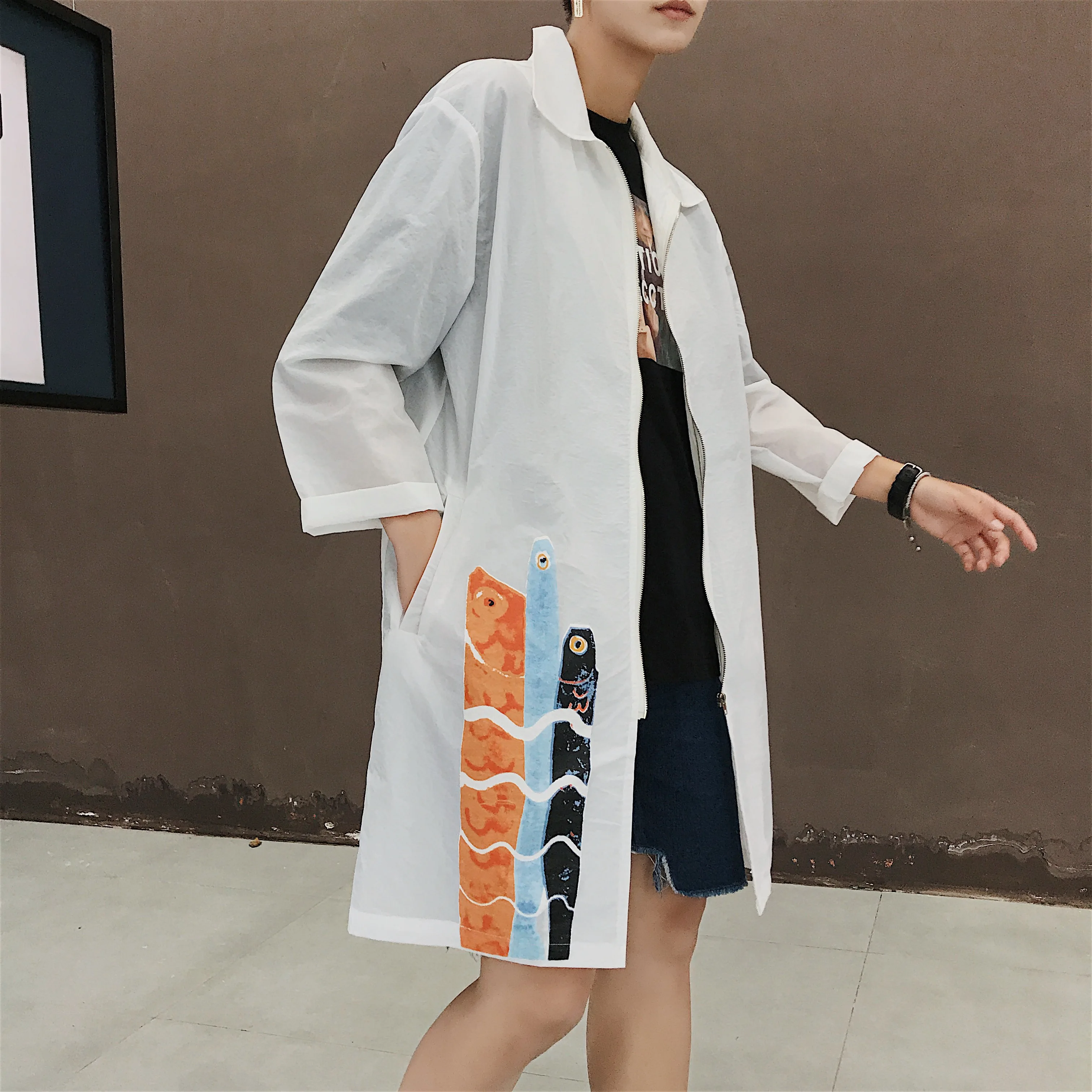 In the Summer of 2018 New Male Long Sun-protective Shirts Youth Fashion Hip Pop Style Printed oversize Men air permeable | Мужская