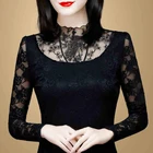 Женская кружевная блузка с вырезами, Повседневная Лоскутная Водолазка с длинным рукавом, DF2600, весна-осень