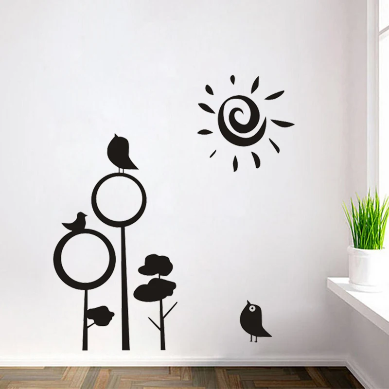 JJRUI деревья холмы птицы и солнце Наклейка на стену домашний декор для спальни