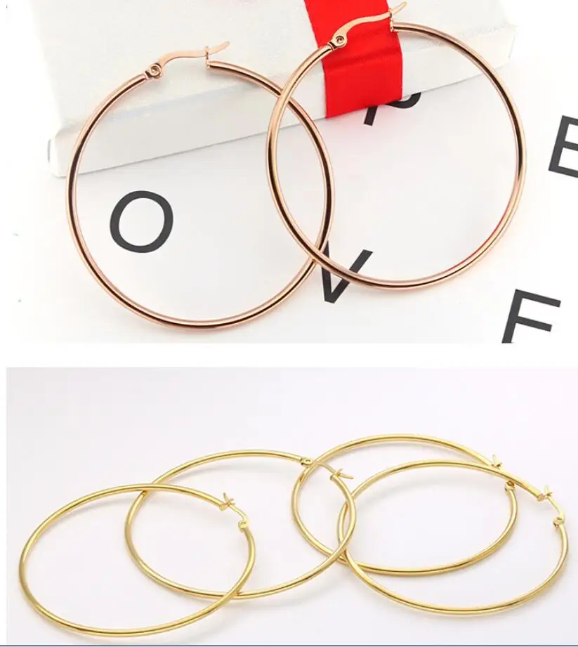 2 Pieces Rose Gold Big Hoop Earrings Punk Love Round Stainless Steel Circle Earring Huggie Jewelry for Women Wedding | Украшения и