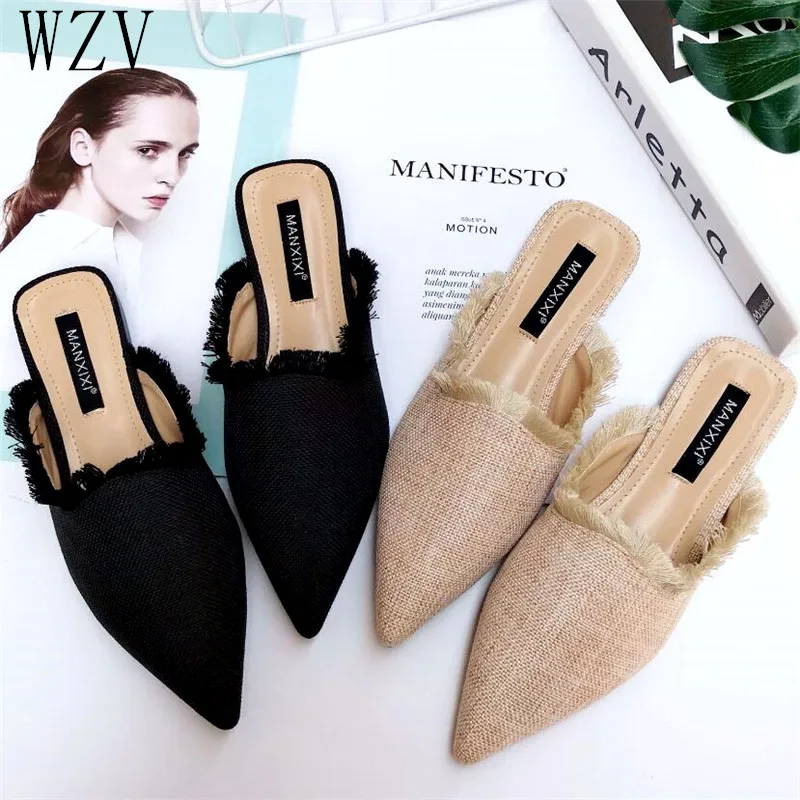 Женские шлепанцы из пеньковой ткани с острым носком на плоской подошве