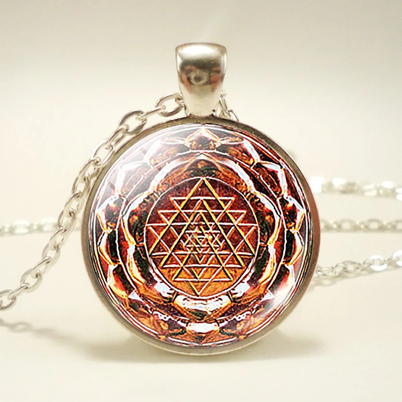 as show Sri Yantra ожерелье цветок жизни Мандала стеклянный кабошон подвеска на серебряной цепочке ожерелье буддизм духовная Йога ювелирные изделия для женщин - Окраска металла: as show