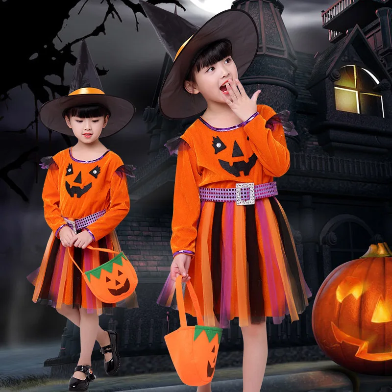 Girl witch Cosplay costume Party children kids girls Halloween party dress pumpkin | Тематическая одежда и униформа