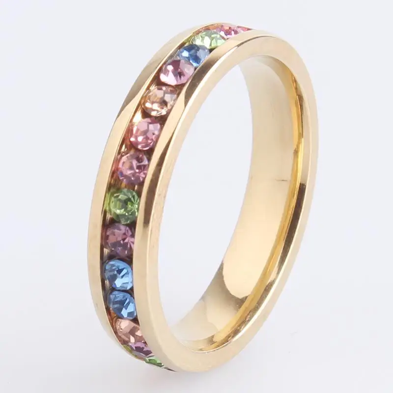 free shipping 4mm gold and silver single row multicolour crystal 316L Stainless Steel finger rings for men women wholesale | Украшения и