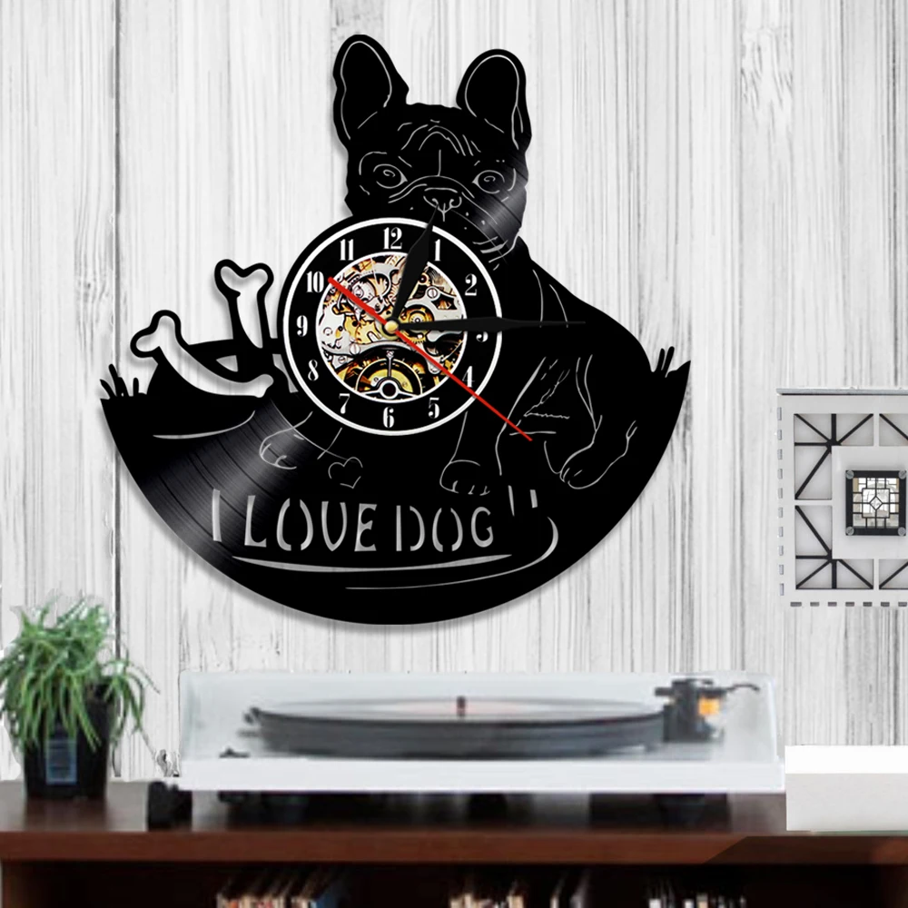 1 шт I Love Dog Французский бульдог дом животное виниловая запись настенные часы домашнее животное щенок животные настенные часы художественные часы подарок для украшения дома