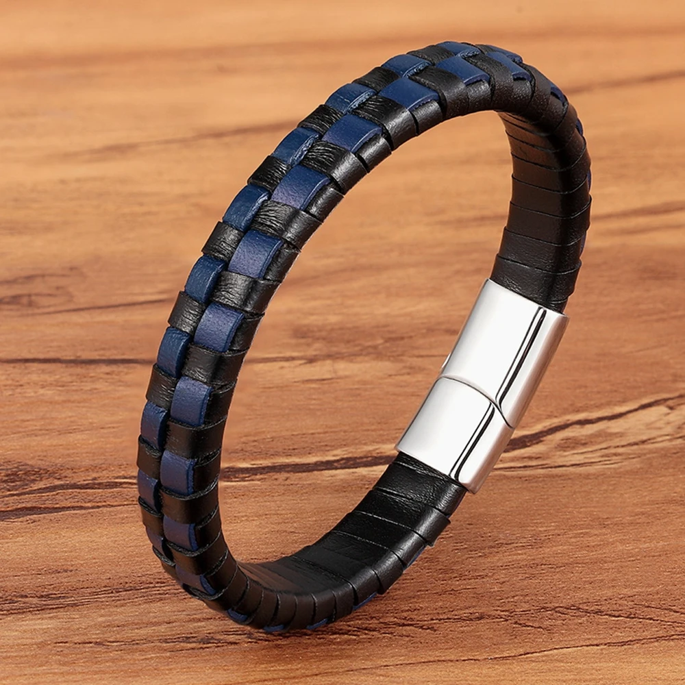 

TYO High Polished Stainless Steel Magnet Clasp Blue/Brown/Black Lattice Braided Leather Bracelet Mens Unisex Friendship Gifts