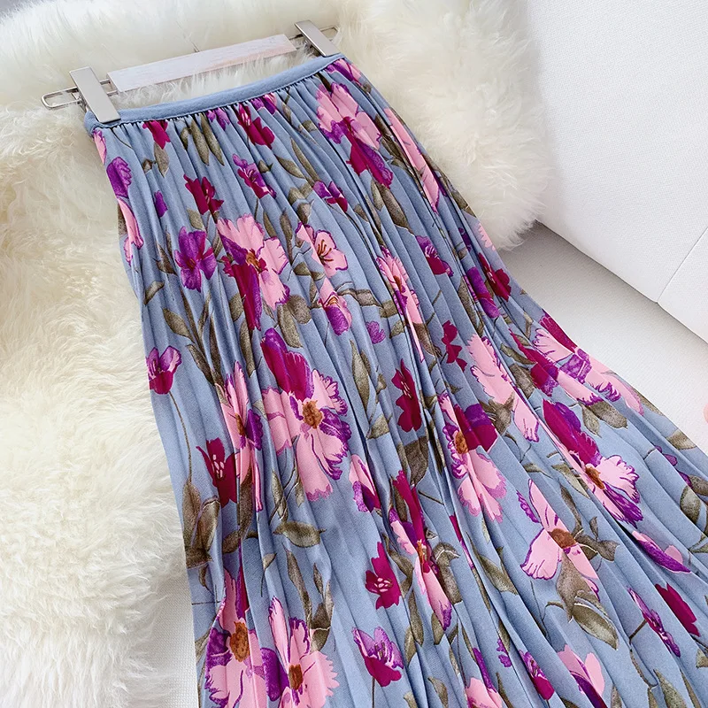 

Sweet Flower Print Midi Skirt Women High Waist Pleated Skirt 2022 Summer Chic Vacation Skirt Ladies Purple Holiday Skirts