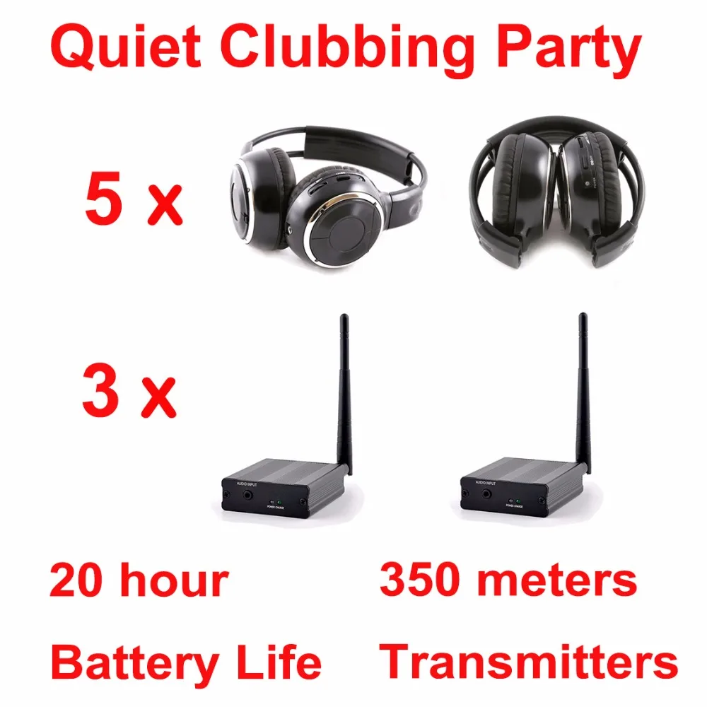 

Silent Disco Compete System Folding Wireless Headphones - Quiet Clubbing Party Bundle (5 Headsets + 3 Transmitters)