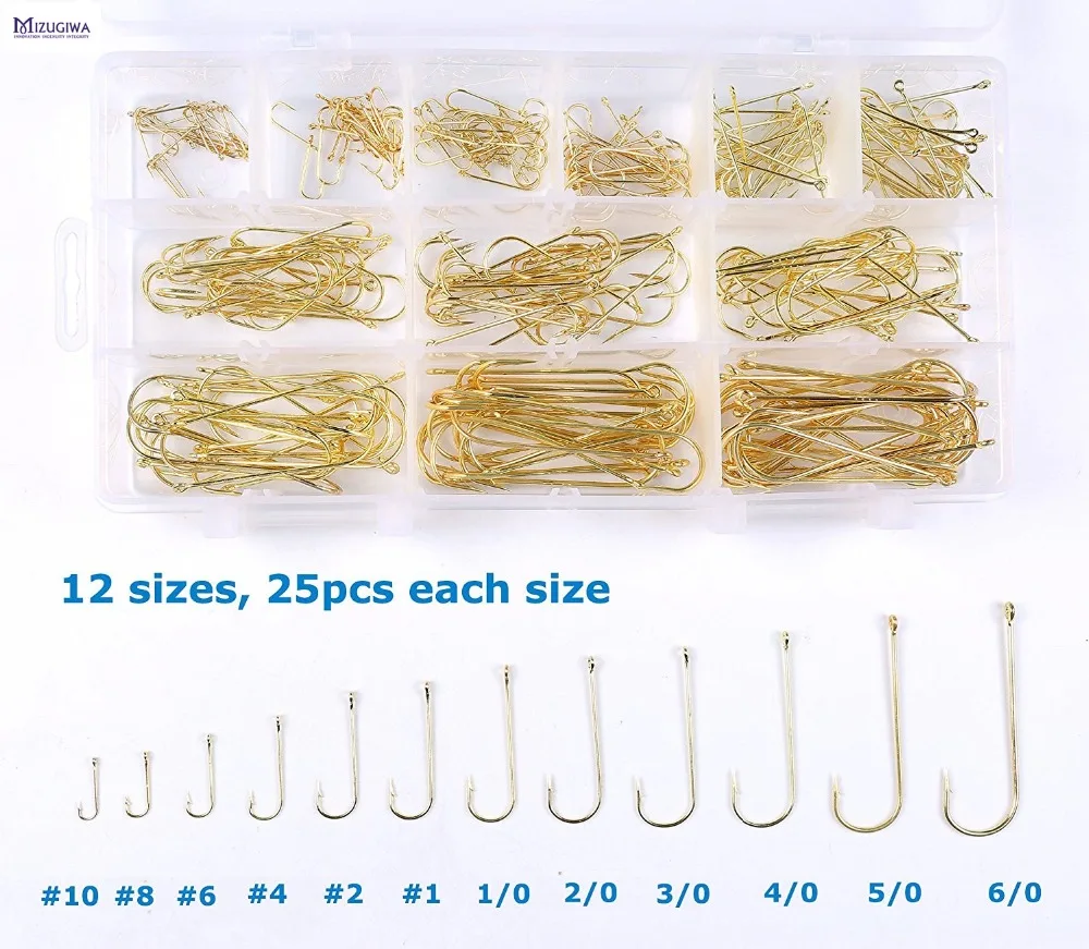 

300 pcs Long Shank Aberdeen Fishing Hooks Fresh Water Living Baits Hook 12 Sizes Kit Fishing Tackle Box Gold PanFish Crappie