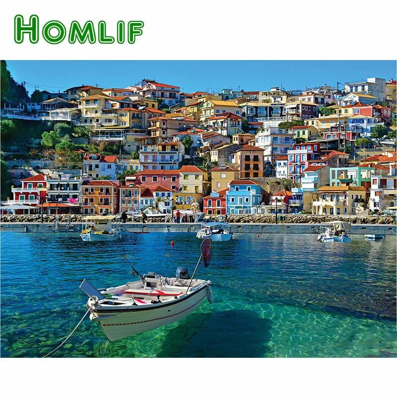 Алмазная 5d вышивка HOMLIF полноразмерная/круглая картина Parga Греция крестиком