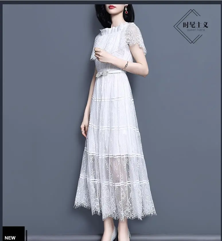 

Spring 2019 women's new lace waist belt very fairy mesh a-line dress