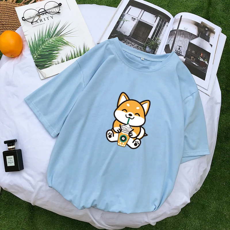Женская футболка в стиле Харадзюку, Повседневная Kawaii, забавная футболка Шиба, хлопковые топы, футболка с коротким рукавом, женская уличная свободная Корейская одежда