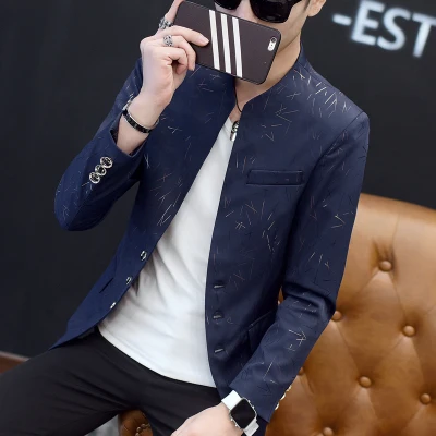 7815 Navy Blue Блейзер masculino Мужской Блейзер корейский принт Повседневный приталенный мужской пиджак блейзеры Мужское пальто Terno Masculino плюс размер 6XL-M - Цвет: 7815 Navy Blue