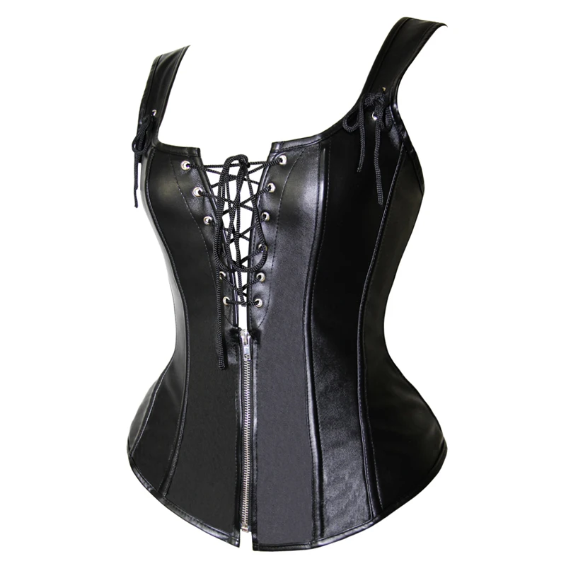 Черный кожаный корсет на шнуровке в стиле стимпанк молнии больших размеров