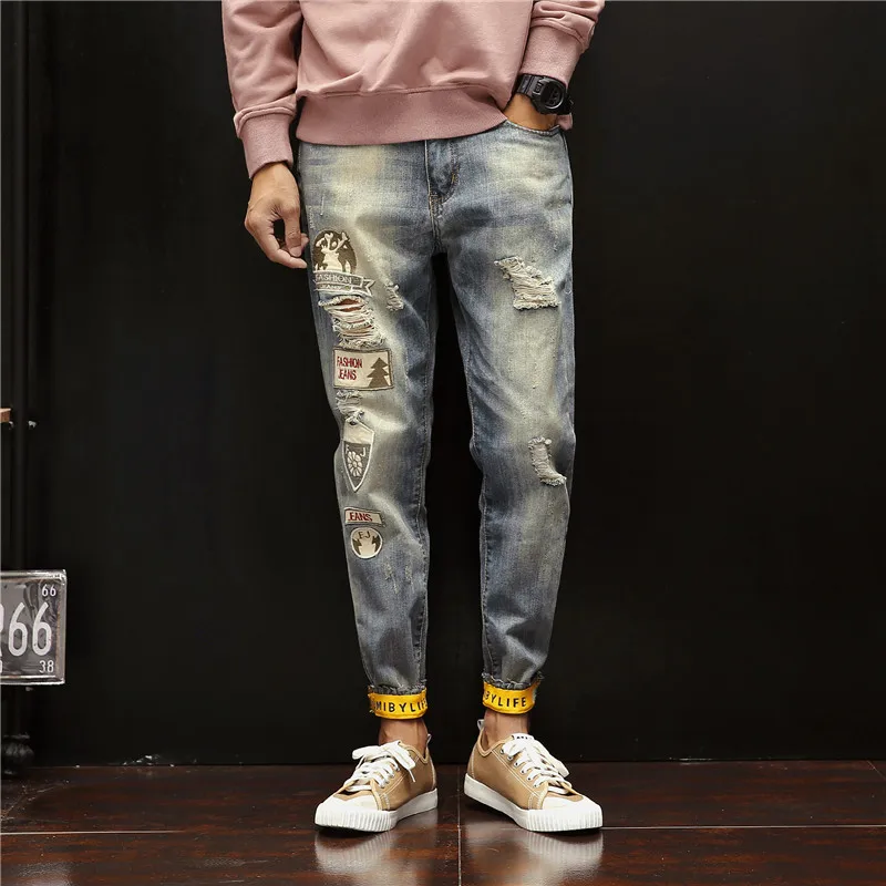 Мужские джинсы с дырками повседневные облегающие заплатками эластичные брюки