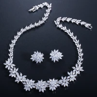 threegraces luxury female party costume jewelry cubic zircon flower necklace and clip on earrings sets for women js102