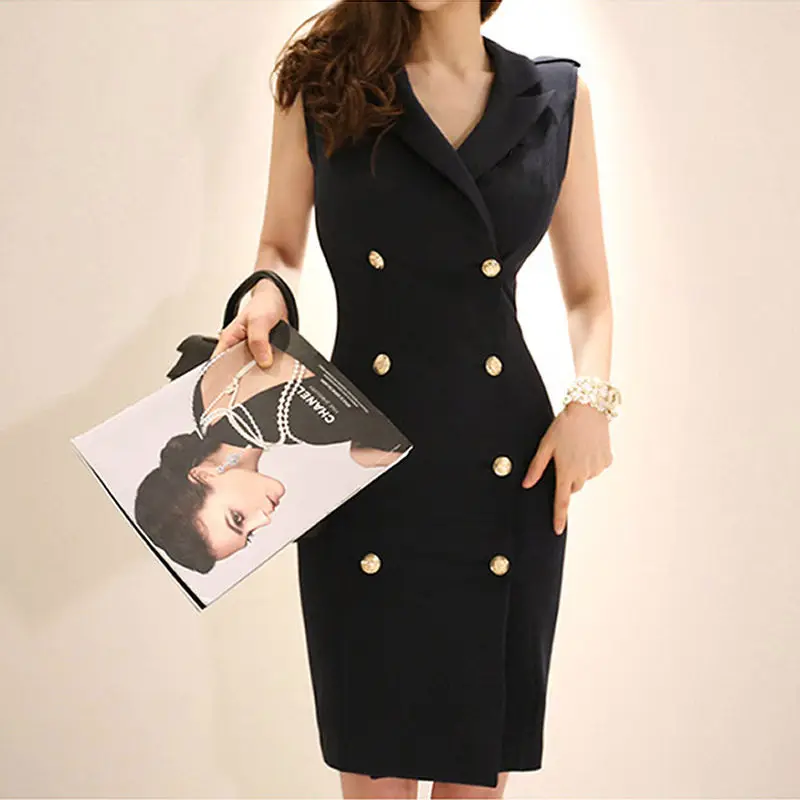 2019 Summer Office Lady Dress V-neck Korean Double Button Slim Bodycon Pencil Dresses Elegant Fashion Vestido OL Work f553 | Женская