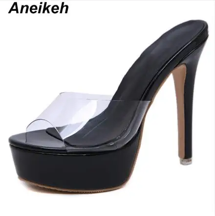Black Aneikeh/ г. Новые летние модные женские шлепанцы из ПВХ обувь на платформе с круглым носком шлепанцы на тонком каблуке, черный, абрикосовый цвет, размеры 34-40 - Цвет: Black