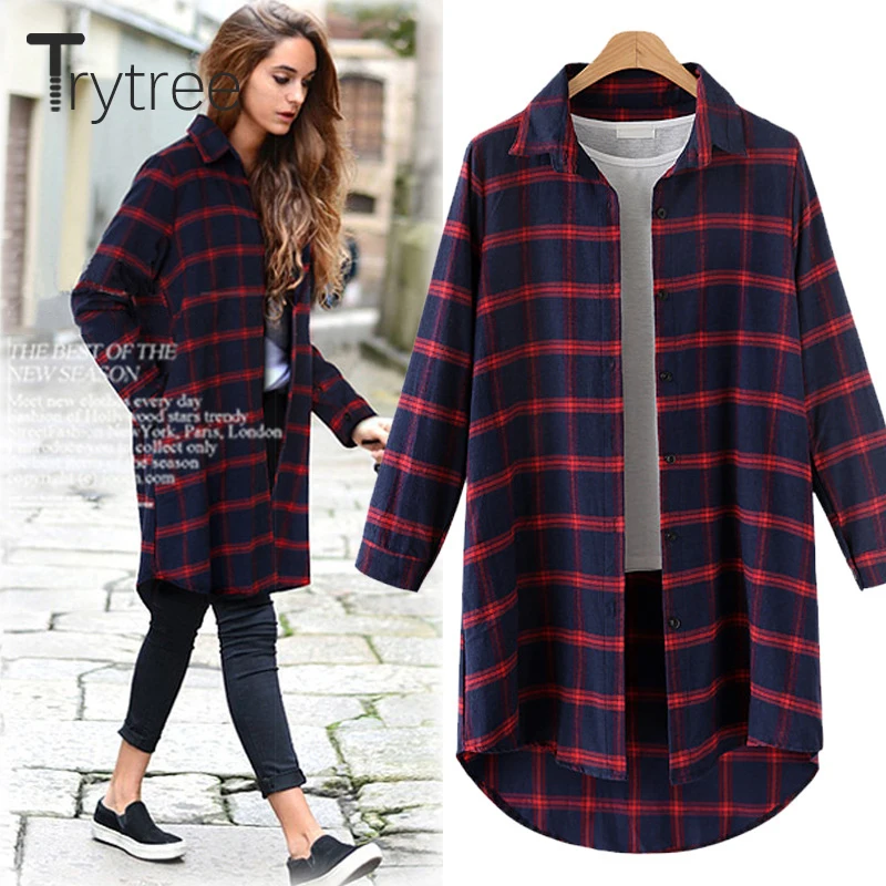 Trytree весна осень Женская хлопковая блузка Повседневная рубашка с отложным