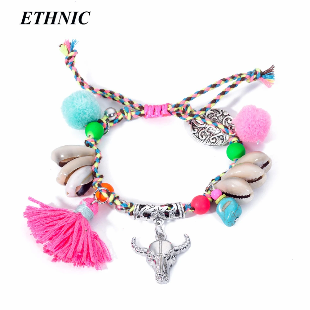 Женский винтажный браслет ручной работы с кисточками и помпоном в виде головы