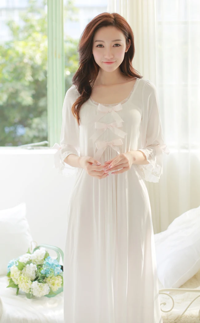 Бесплатная доставка ночная рубашка принцессы Женская белая длинная Пижама из