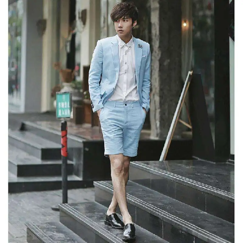 TPSAADE Light blue men's slim Fit 2 Pieces jacket with shorts summer cool suit fashion wedding party dress Mens Suits sets | Мужская