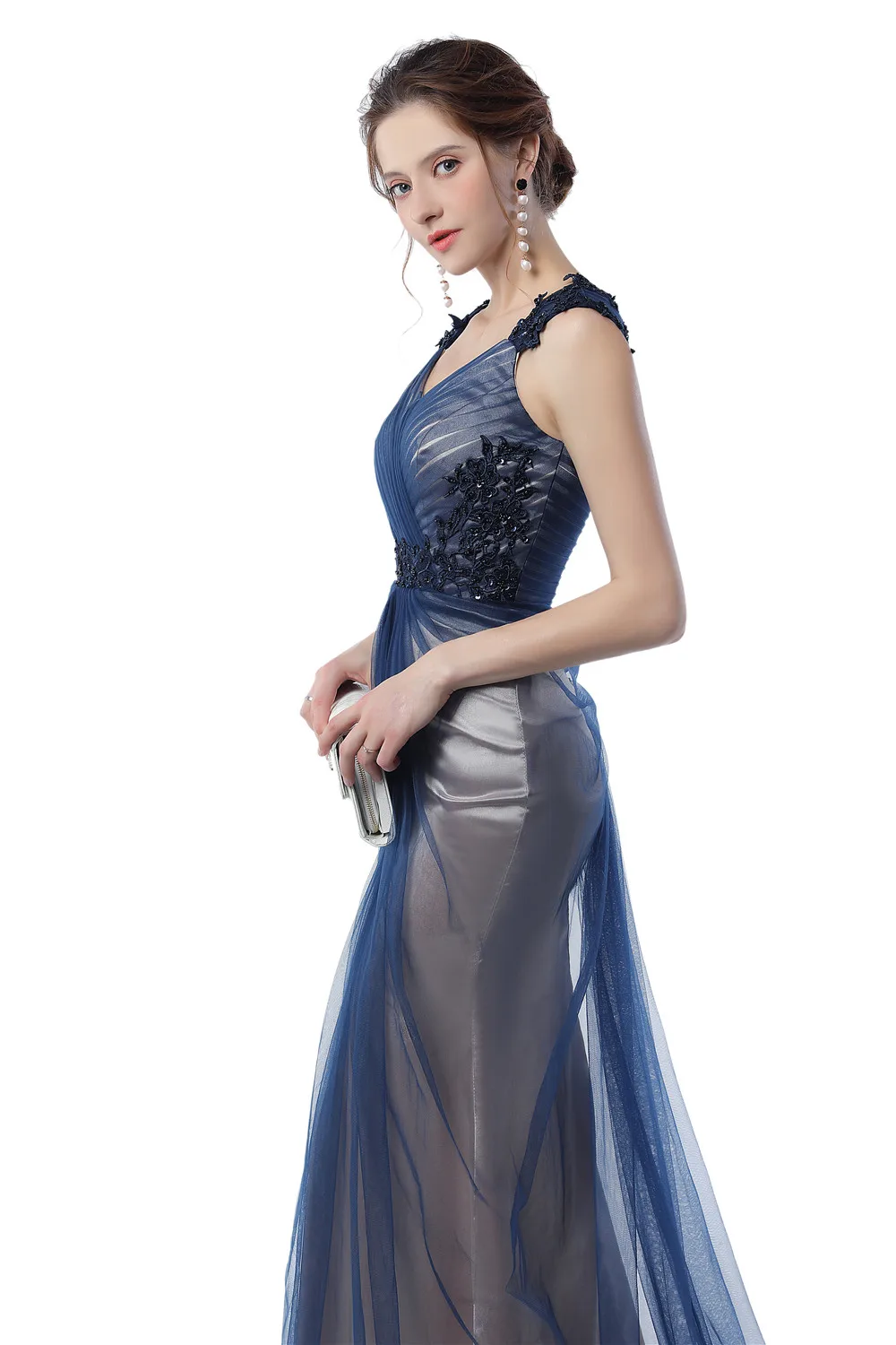 Реальное изображение Темно-синие русалка невесты платья 2018 серый Цвет Винтаж
