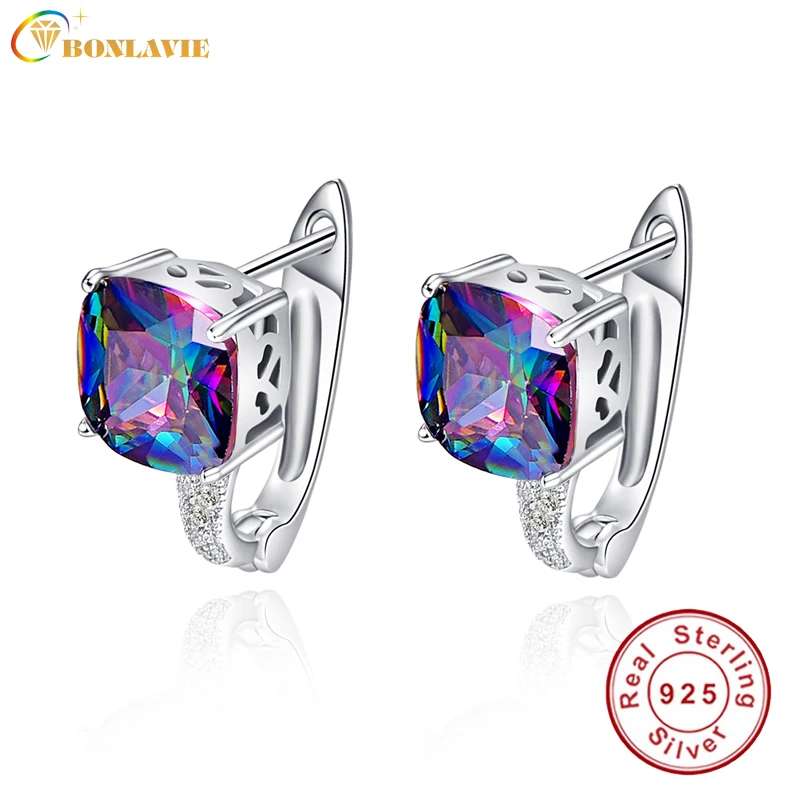 BONLAVI квадратный натуральный Мистик 6.8ct Радуга Топаз камни пирсинг ухо манжеты 925 пробы серебряный бренд вечерние свадебные ювелирные изделия