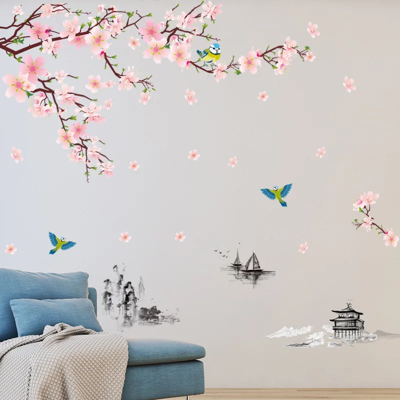

2 Pieces Large Chinese Flower Wall Sticker Peach Blossom On The Wall Stickers Home Decor For Living Room Decoration 30*90cm*2