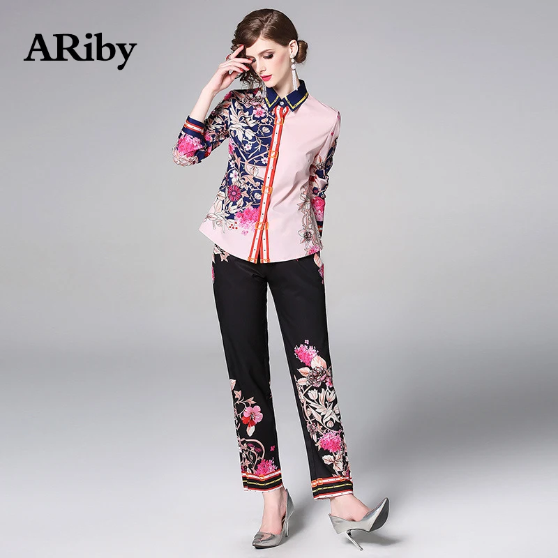 ARiby женский элегантный комплект из двух предметов с длинным рукавом и принтом, весна/лето, модная повседневная рубашка+ черные штаны, спортивный костюм, женский комплект