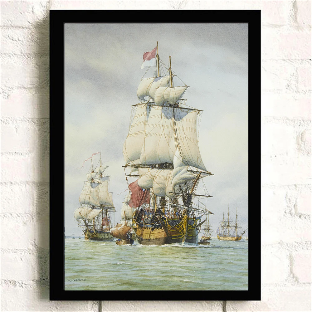 Vintage Noridc High Quality Silk Painting about Ship Sailboat Poster Wall Pictures for Living Room Kids Room Decoration Cuadros - Цвет: Цвет: желтый