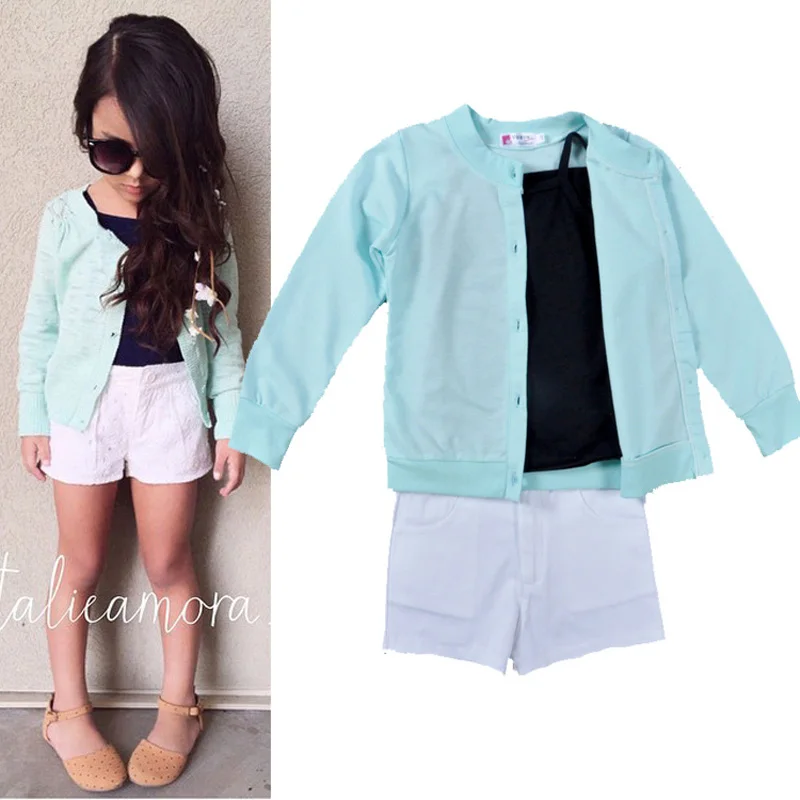 2016 Новый комплект летней одежды для девочек Синий вязаный жакет черная повязка