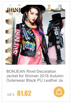 BONJEAN пальто с заклепками, осенняя верхняя одежда, куртка из искусственной кожи с буквенным принтом, женское короткое пальто, черные куртки и пальто BJ009