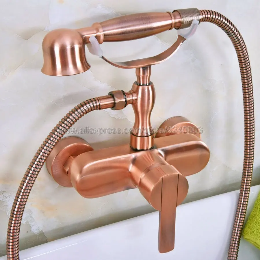 

Antique Red Copper Wall Mounted Bathroom Faucet Bath Shower Mixer Tap With Hand Shower Head Shower Faucet Sets Kna318