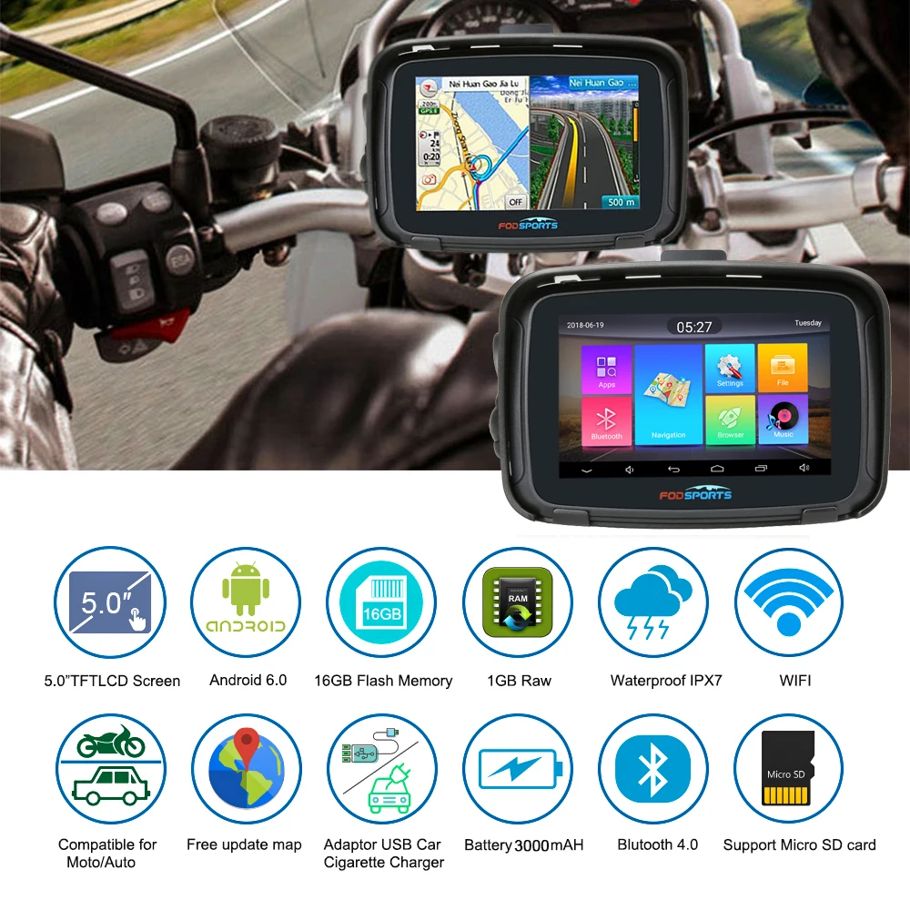 Fodsports ipx7 водонепроницаемый мотоцикл Навигация 5 дюймов автомобиль gps wifi 16G мотоцикл навигатор android 6,0 FM 3000 мАч батарея