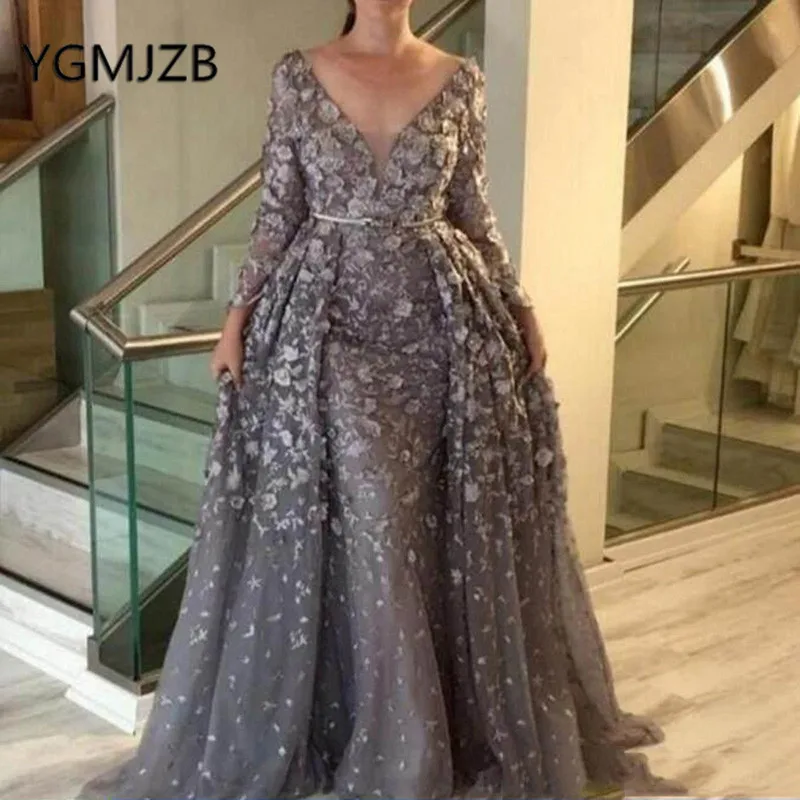 

Muslim Evening Dresses 2019 Mermaid Detachable Train V-neck Full Sleeve 3D Flower Lace Saudi Arabic Women Formal Prom Party Gown
