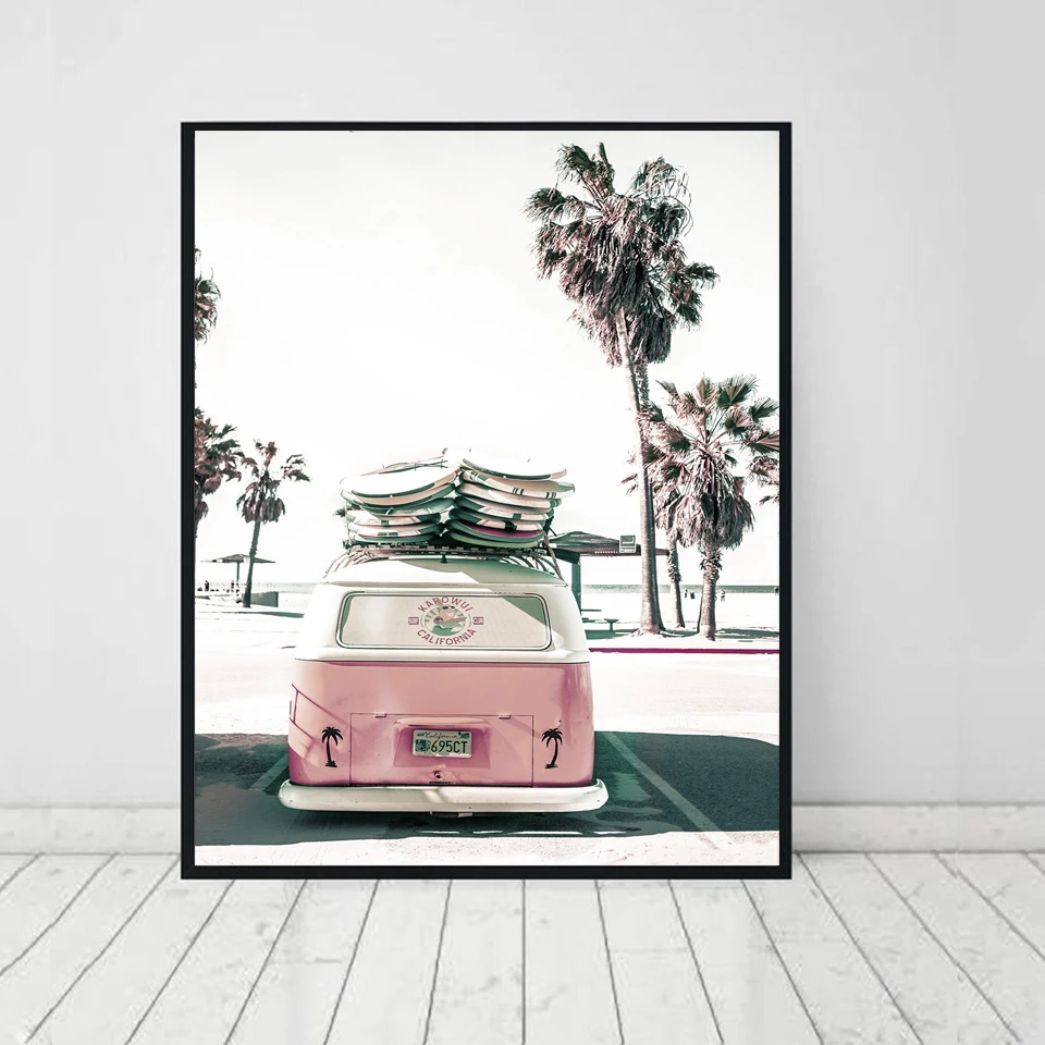 Океанский пейзаж холст постеры скандинавский стиль пляж Розовый автобус