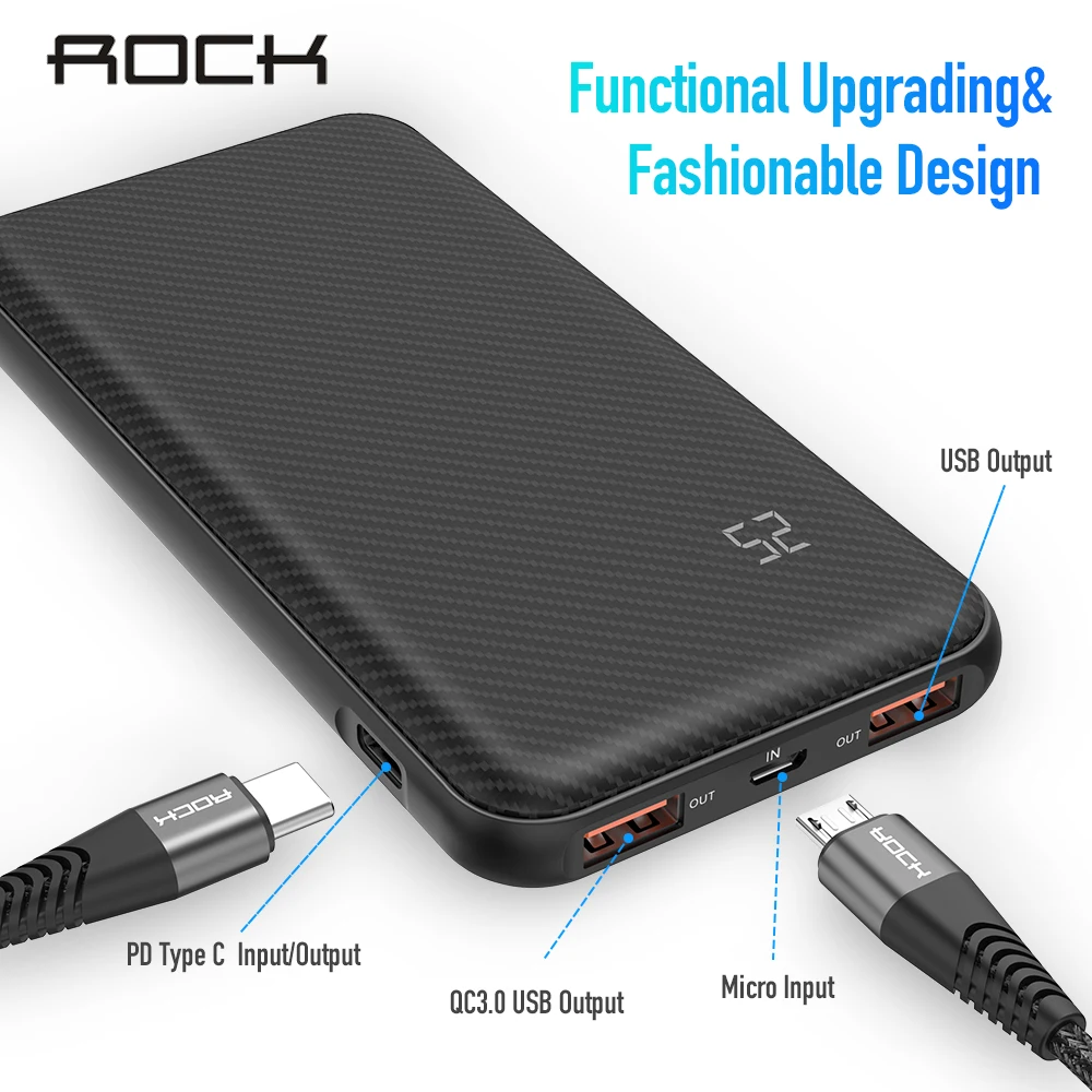 ROCK power Bank 10000 мАч Тип C PD Быстрая зарядка 3 0 USB внешний аккумулятор для iPhone samsung